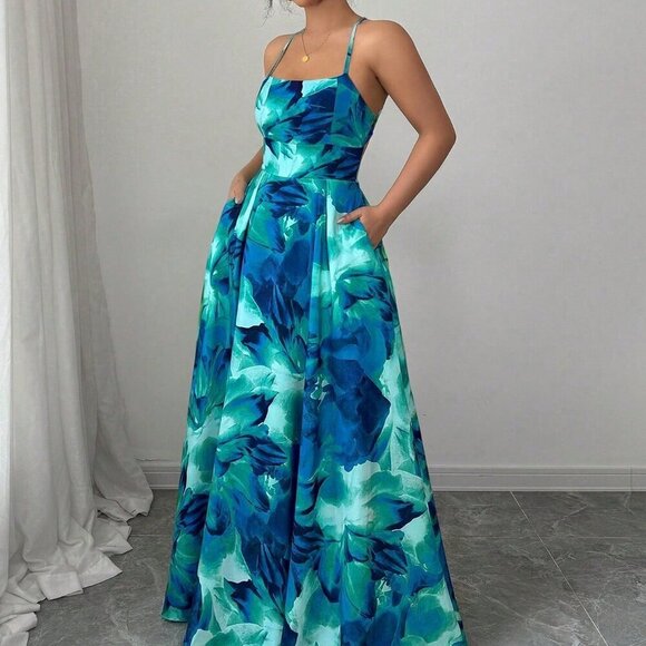 MODA ME COUTURE Dresses & Skirts - Blue Boho Women's Ink Print Criss-Cross Tie Long Dress
